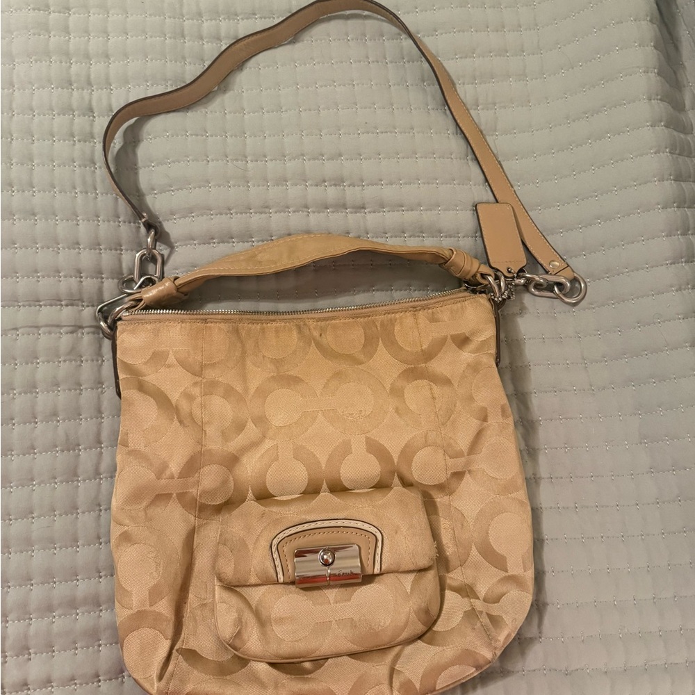 Coach Beige Signature Shoulder Bag with Front Pocket